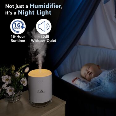 Зволожувач повітря SZO Mini з LED-підсвіткою, автовимкнення та 2 режимами, для авто, спальні, офісу, білий