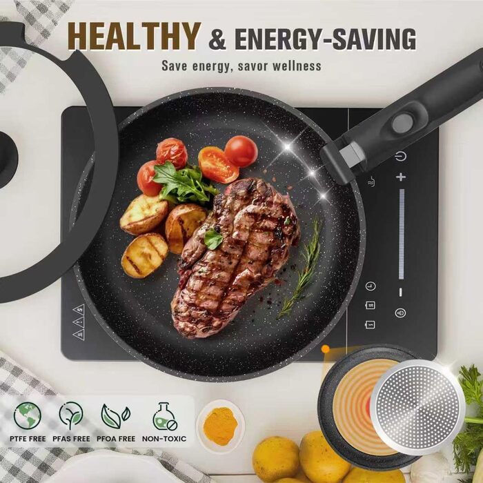 Набір посуду PureGlow Granit Antihaft з знімними ручками (10 предметів) – сковорода, каструлі з кришками, індукційний, для плити, духовки, чорний