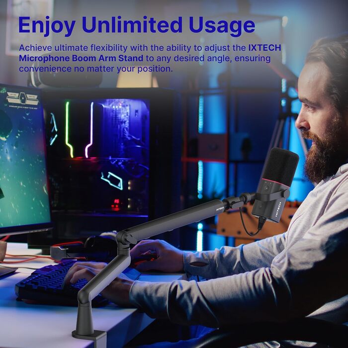 Тримач для мікрофона IXTECH RGB з низьким профілем, регульований кріплення для мікрофона зі стійкою, поворотний мікрофонний стійка з кабельною організацією для подкастів та стрімінгу (6 Viper)