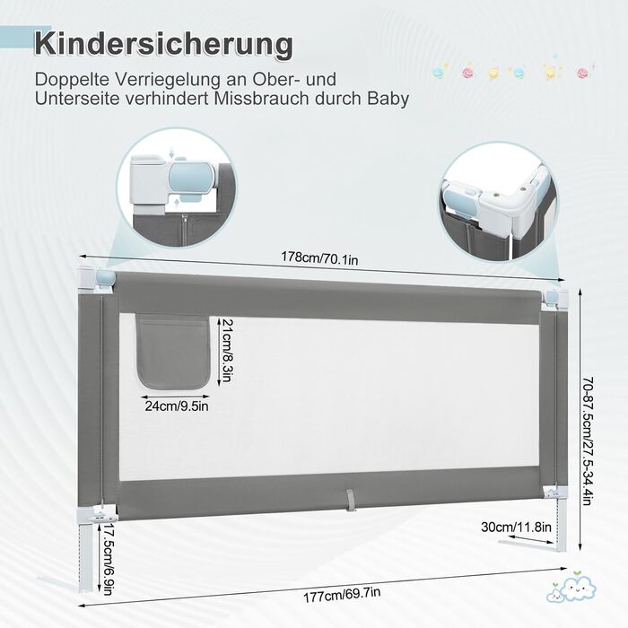 WOLTU Bed Rail, Bed Protection Rail for Children's Beds & Adult Beds, Retractable Child Bed Rail 180 cm, Fall Protection Height Adjustable 69-87 cm, Dark Grey 180cm Dark Grey
