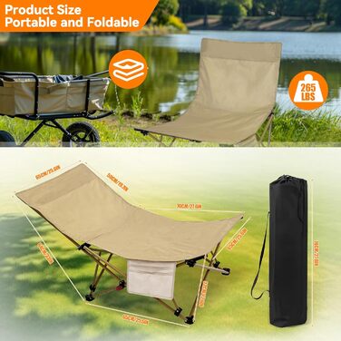 Складний туристичний стілець для кемпінгу та відпочинку на природі (150 кг), легкий, з регулюванням кута нахилу, з сумкою, хакі