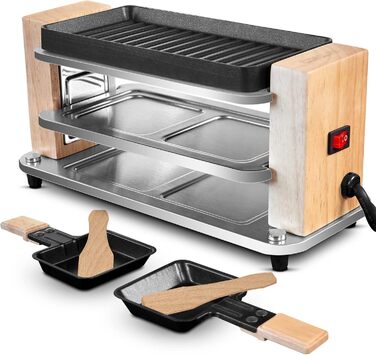 Електричний міні-гриль Raclette COKLAI на 2 особи, антипригарна рифлена пластина, 2 сковорідки та дерев'яна лопатка, 300 Вт, натуральне дерево