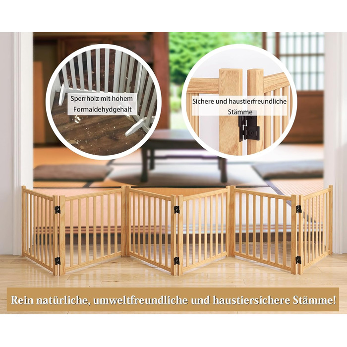 Дверцята для собак з дерева, розкладні, для кухні, коридору, вітальні, сходи. Захисний бар'єр для маленьких та середніх собак, дерев'яного кольору, 2P 58 см.