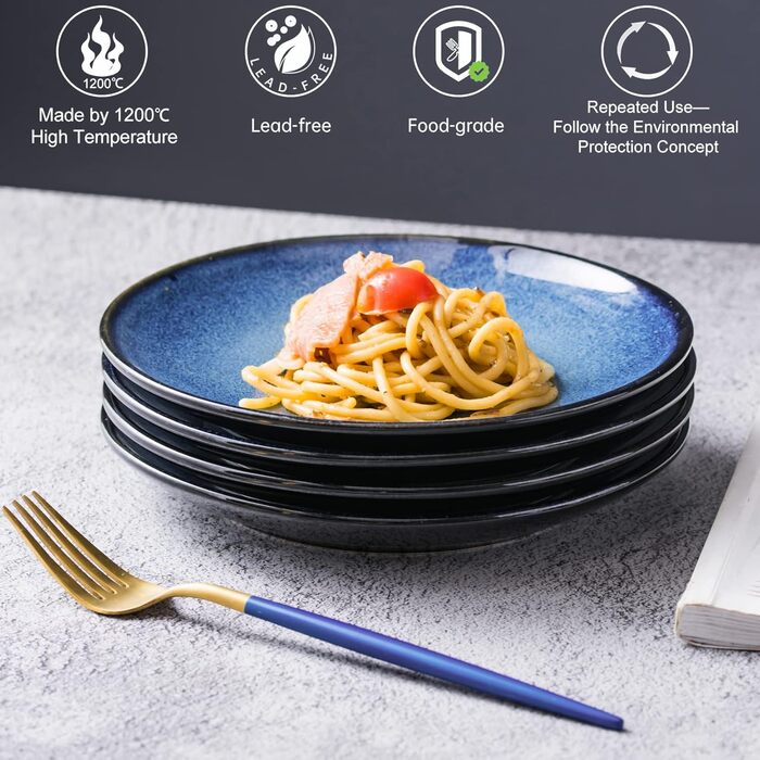 Набір тарілок UNICASA 4 шт. з порцеляни, 16 см, ідеально підходять для супу, десерту, сніданку, сервіз на 4 персони (26 см, блакитний)