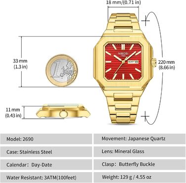 Годинник чоловічий NIBOSI: кварцовий, з нержавіючої сталі, мілітарний стиль, водостійкий, класичний, квадратний, для бізнесу, золотий/червоний
