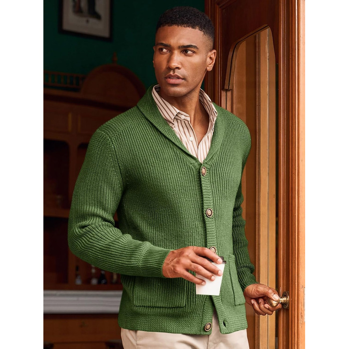 Чоловічий в'язаний кардиган Runcati з коміром-шарфом, візерунок коси, ґудзикова застібка, зимовий, великий, з кишенями (M, Оливковий (Army Green))
