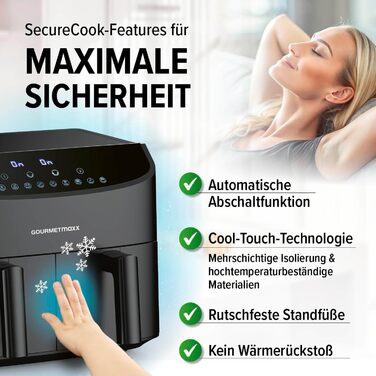 Gourmetmaxx Double Chamber Air Fryer 2x 3.5L - Black | Air Fryer + synchronized cooking zones, timer function & touch display | energy-saving frying | 10 programs | 2400 W Matte Black 2x 3.5 Liters