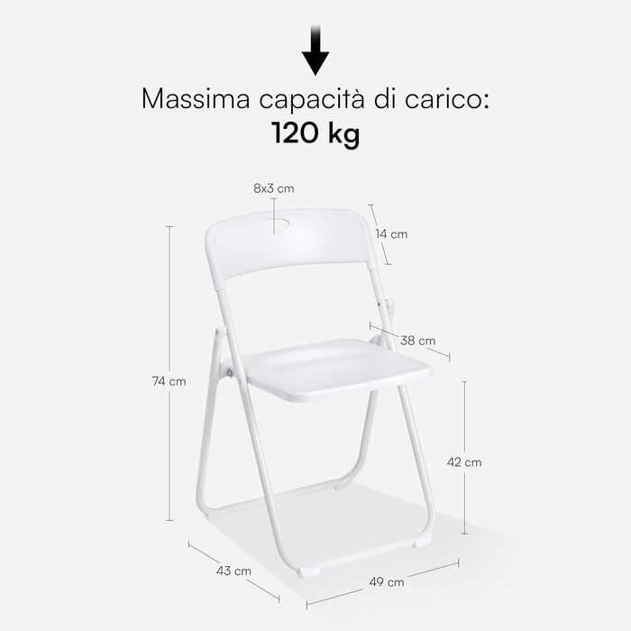 Baroni Home Folding Chair with PVC and Steel Frame, Space-Saving Foldable Seat with Feet and Handle, Outdoor Chair, Kitchen, Living Room, Travel, 74x43x49 cm, Pieces, (8, White)