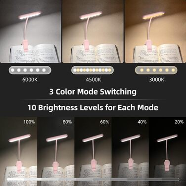 Ліхтарик для читання з кліпсою, USB-C, 3 кольори, 10 рівнів яскравості, гнучкий тримач, дитячий, рожевий (2 шт)