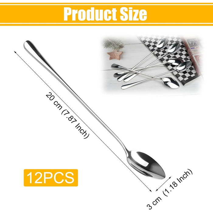 12 довгих ложок для лате макіато, 20 см: коктейльні, для морозива, кави, молочних коктейлів, десертів, нержавіюча сталь, придатні для миття в посудомийній машині