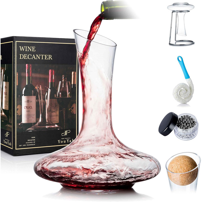 Wine Aerator Decanter Set with Drying Stand, Stopper, Brush, and Pearls, Decanter, Wine Decanter, Wine Gift, Wine Decanter, Carafe, 100% Lead-Free Blown Glass