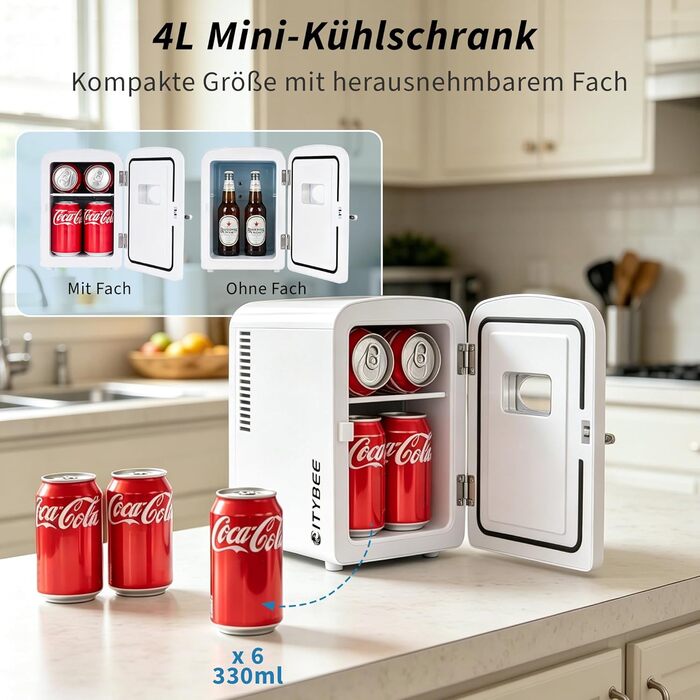 Міні-холодильник Citybee 4л з функцією охолодження та нагріву, 220V/12V – для дому, офісу, авто, кемпінгу (білий)