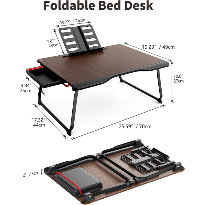 SAIJI Розкладний столик для ноутбука XXL з ящиком та підставкою для книг/телефону (65 x 49 x 30 см, чорний)