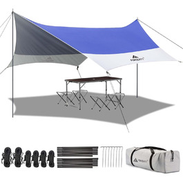 Тент Forceatt Zeltplane 3.7x4.3 м: ультралегкий, водонепроникний, з 6 точками кріплення, анти-UV. Підходить для кемпінгу, піших прогулянок та активного відпочинку на природі. Темно-синій & сірий колір.