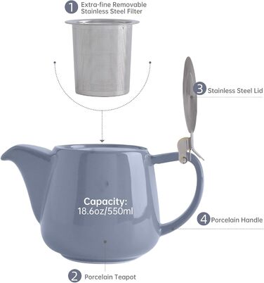 VIVILINEN Porcelain Teapot, Ceramic, Handmade, 18/8 Stainless Steel Strainer, Fine Mesh Stainless Steel Infuser with Filter (Gray)