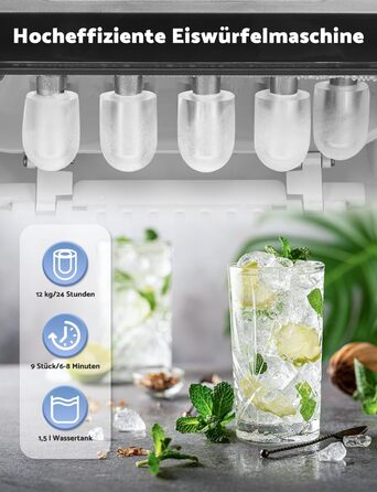 Машина для приготування льоду, 12 кг/24 год, 9 кубиків за 6-8 хв, з обертовим лотком та ручкою, для дому/кухні/кемпінгу, об'єм 1,5 л