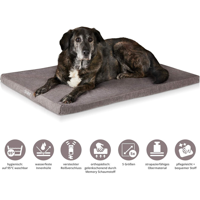 Ортопедична подушка для собак ONVAYA® з memory foam | сіра | розмір S | 62x44x5 см | миється до 95°C