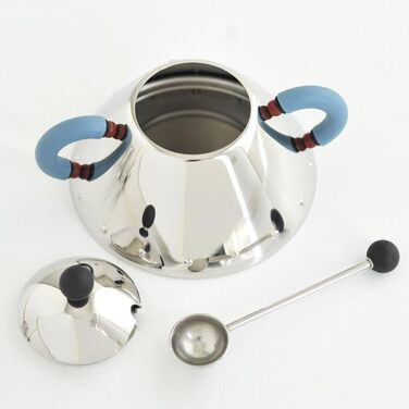 Цукорниця з ложкою Alessi з нержавіючої сталі, з блакитною ручкою і чорною кнопкою, 6.5x10.5x2 см