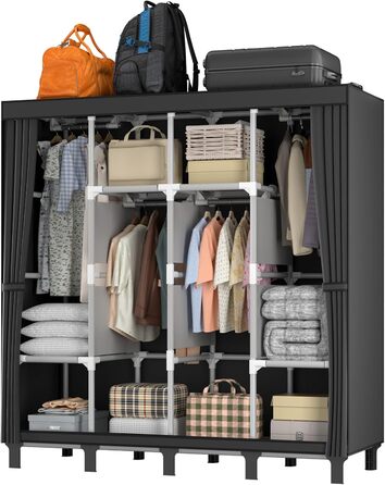 LOEFME Wardrobe 170 * 175 * 45cm, Fabric Wardrobe for Bedroom, Clothes Wardrobe Fabric, Fabric Clothes Wardrobe with 2 Hanging Rails (Black)