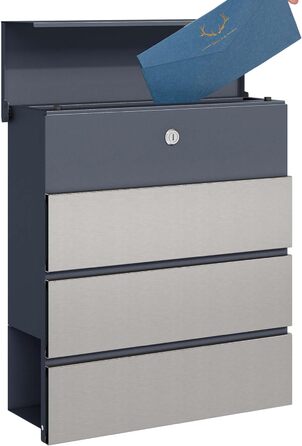 Поштовий ящик настінний сталевий V63 антрацит з дерев'яним декором 410x130x370 мм, з замком, плавним закриттям та відділенням для газет