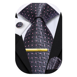 Чоловіча краватка Hi-Tie шовкова, сіро-рожева картата, формальна, з кишеньковою хустинкою та затискачем для краватки, набір для весілля та бізнесу