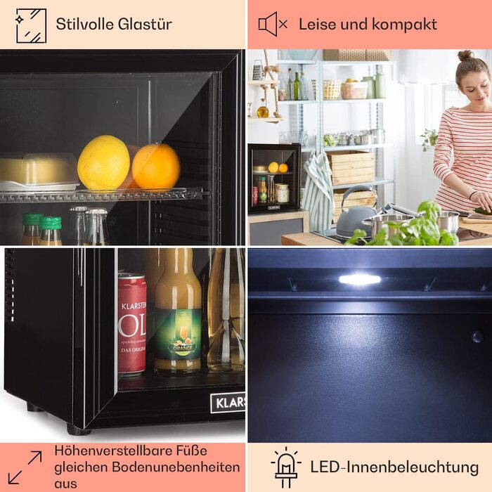 Klarstein 24L Mini Fridge - Compact Refrigerator for Drinks, Snacks & Skincare - Quiet Operation, Adjustable Shelves - Black