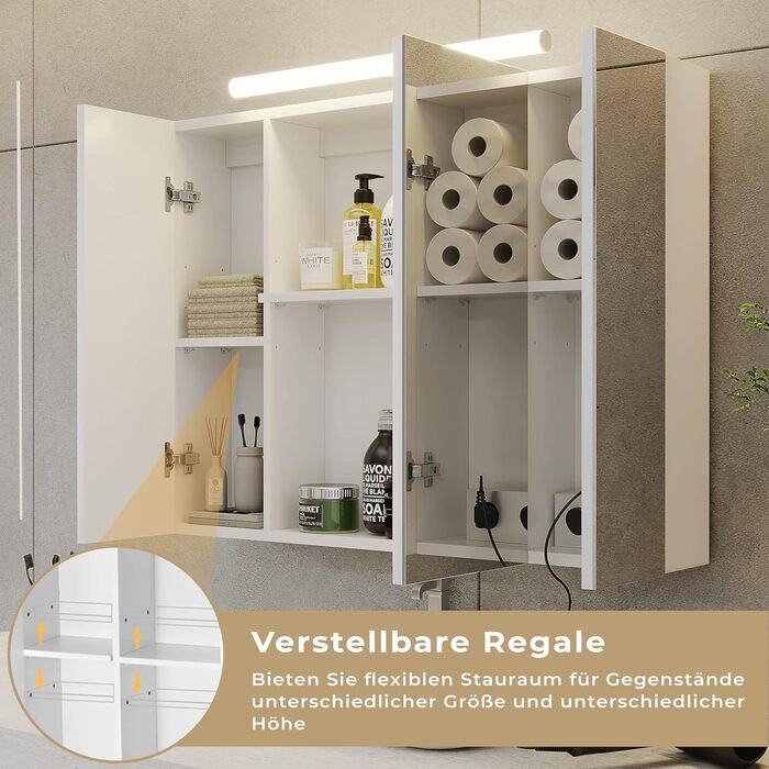 Шафа-дзеркало для ванної кімнати DICTAC з LED-підсвічуванням, розеткою та вимикачем світла (80x16x60 см), 3 дверцята, білий колір