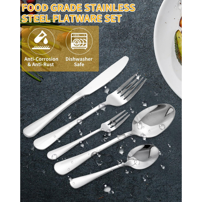 12-Person Flatware Set with Steak Knives, 72-Piece Stainless Steel Flatware Sets, High-Polished and Dishwasher Safe, Elegant Dinnerware, with Knife/Fork/Spoon, for Home, Party, Restaurant