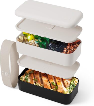 Бенто-бокс Monbento Moka (бежевий/чорний) – 2-рівнева, для мікрохвильової печі, без BPA, для дорослих, для роботи/meal prep