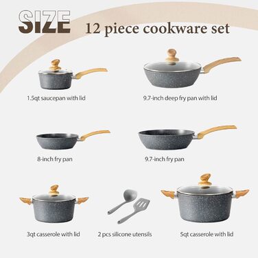 Kitchen Academy Induction Cookware Set - 12-Piece Gray Granite Cookware Set, Non-Stick Cookware and Pan Set, PFOA & PFOS-Free