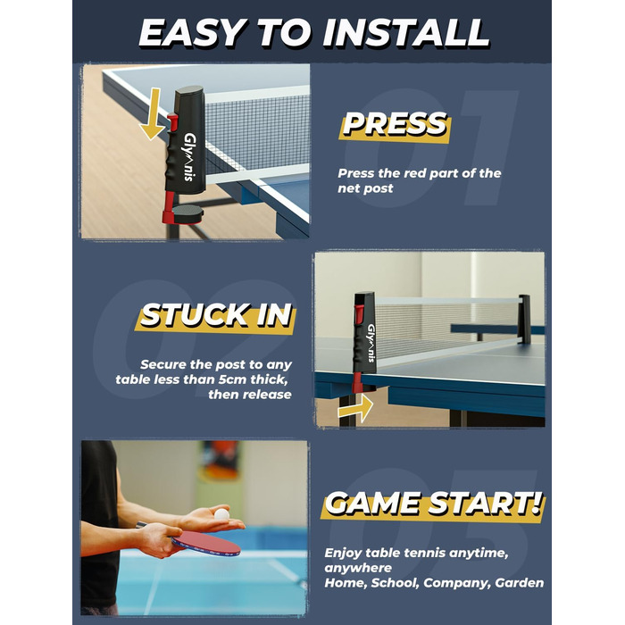 Набір для пінг-понгу Glymnis: портативний, з мережею, ракетками та м'ячами (3 зірки)