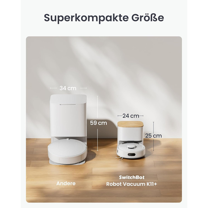 Робот-пилосос SwitchBot K11+ з мокрою прибиранням, 6000Pa, самостійна очистка контейнера, LDS-картування, 3.6 дюйми, сумісний з Apple Home, Alexa, Google Home та Matter, бежевий