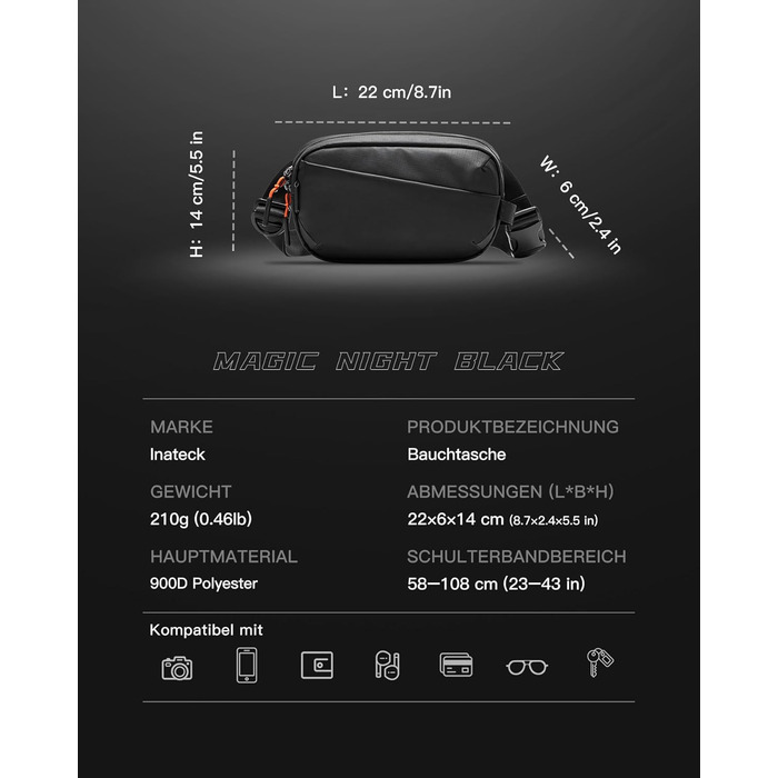 Сумка на пояс Inateck X-Mini, 1.5 літра, чорна, RFID захист, для подорожей, спорту, піших прогулянок (жіноча/чоловіча)