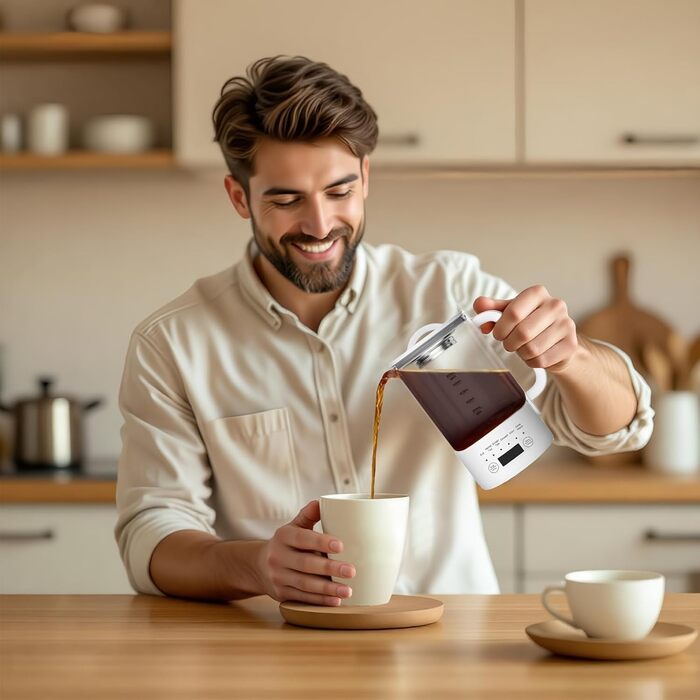 Електричний чайник Glas 0.6L, 500W, регулювання температури 40-75°C, таймер, сенсорне управління, BPA-free, компактний, для кухні/спальні/кемпінгу, для чаю/кави, білий