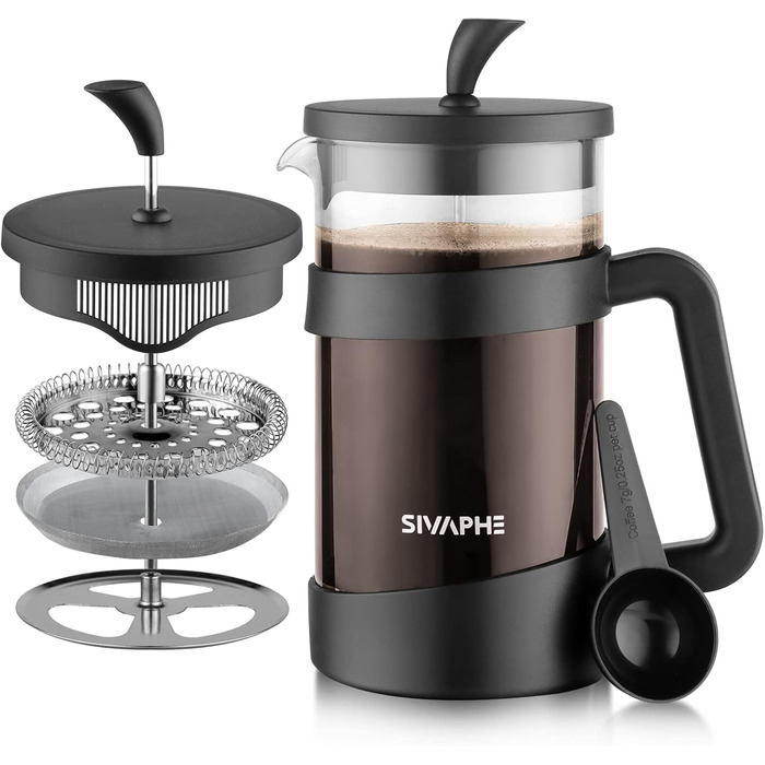 Френч-прес Sivaphe 1000 мл, чорний: кавоварка з тришаровим фільтром, термостійке скло, ложка