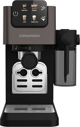 GRUNDIG KSM 5330 Espresso Machine with Integrated Milk Container, 1628 W Power, 15 bar Pump Pressure, Dual Nozzle, Color Touch Display, BrewSense, CreamyPro, Dark Inox/Black. With Milk Container