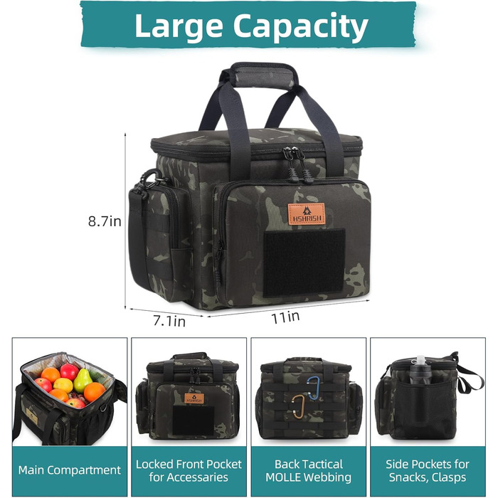 Тактична ланч-сумка HSHRISH, 12L, чорний камуфляж – велика ізольована сумка для їжі для чоловіків, дорослих, для роботи, пікніків