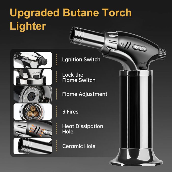 Газовий пальник Aideepen Flambierbrenner з трьома пальцями, регульованою полум'ям для приготування десертів, випічки, кемпінгу та барбекю (бутан не входить у комплект)