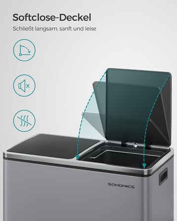 Відро для сміття SONGMICS подвійне, 2x30л, педальне, з системою роздільного збору, металеве, сіро-графітове (LTB60BK)