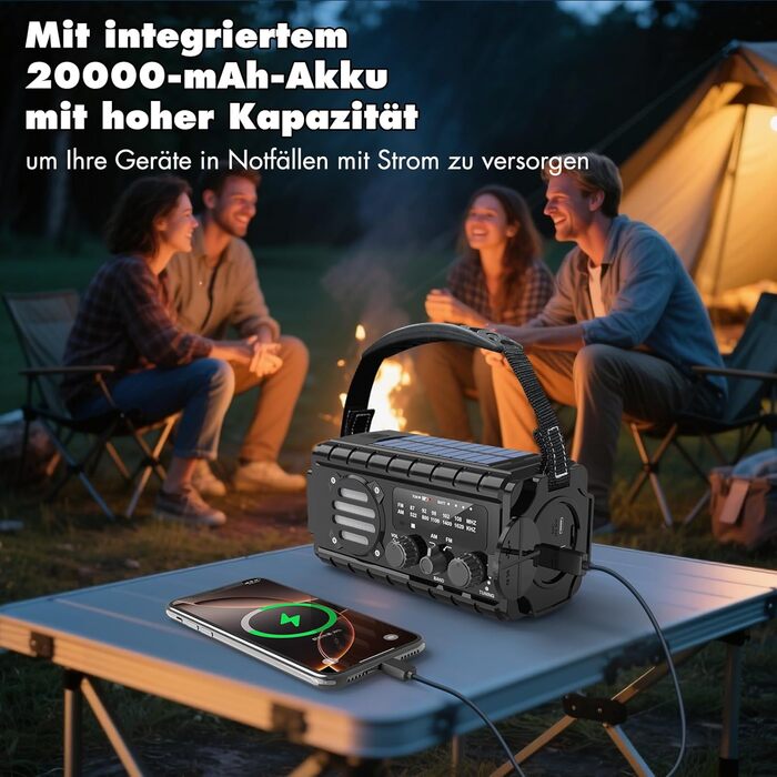 Радіо на сонячній батареї 20000mAh з ручним заводом, AM/FM, LED ліхтарик, SOS сигнал, IPX6, чорний