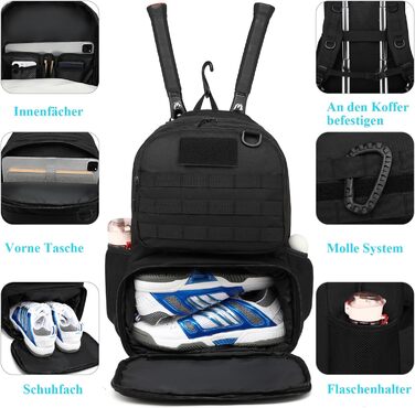 BlesMaller Tactical Tennis Backpack - Unisex with Shoe Compartment & Racket Protection - Black Sports Bag
