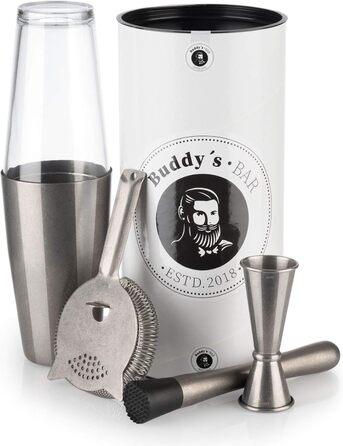 Boston Bar Set, 700 ml, Boston Cocktail Shaker, Bar Measure, Muddler, Bar Strainer, Food-Grade, Bar Set including Gift Box, (Antique Stainless Steel)