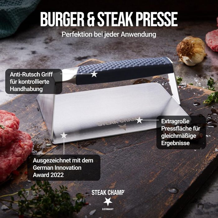 Прес для стейків і бургерів Steak Champ XXL з антипригарним покриттям, прес для гриля та м'яса, сендвіч-прес з антиковзною ручкою