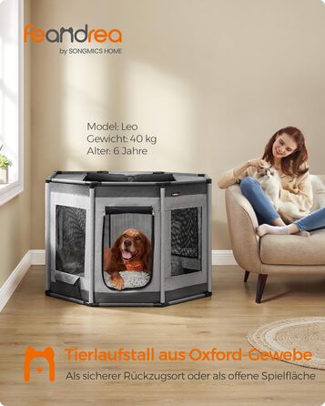 Клітка-вольєр для цуценят Feandrea Oxford, восьмикутна, XL, 112 x 112 x 76 см, з PVC-каркасом та дихаючою сіткою, з кишенею, сіро-сіра, PDC006G01 XL