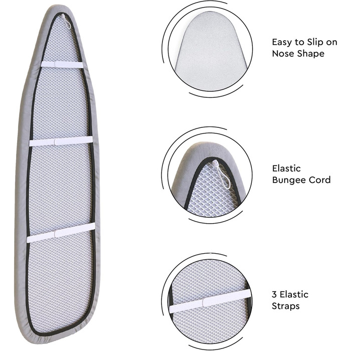 Глянцевий силіконовий чохол для прасувальної дошки Encasa XO, 135x45 см, з товстим шаром піни та фетру, стійкий до нагару та плям, XL сріблястий, люкс
