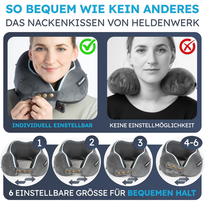 Подушка для шиї Comfy від HELDENWERK для подорожей: Memory Foam, 6-позиційне регулювання, для автомобіля та літака, дихаюча, миється, сірий