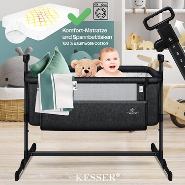 KESSER® Hubi 3in1 Delivery Bed, Baby Bedside Bed, Travel Bed, Baby Bed with Soft Mattress, Mobile Bed with Wheels, 5-Level Height Adjustment, Foldable Side Rail for Home and On the Go, Beige