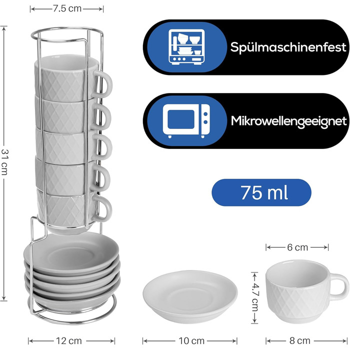 MIAMI – 6 x 75 ml Espresso Cups/Espresso Cup Set with Stand Stoneware Ceramic - Palmanova Collection (White)