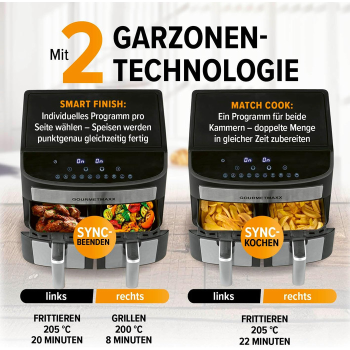Аерофритюрниця GOURMETmaxx з двома камерами 2×3,5 л, нержавіюча сталь, 2400 Вт, сенсорний дисплей, таймер, 10 програм, енергоощадна, чорна