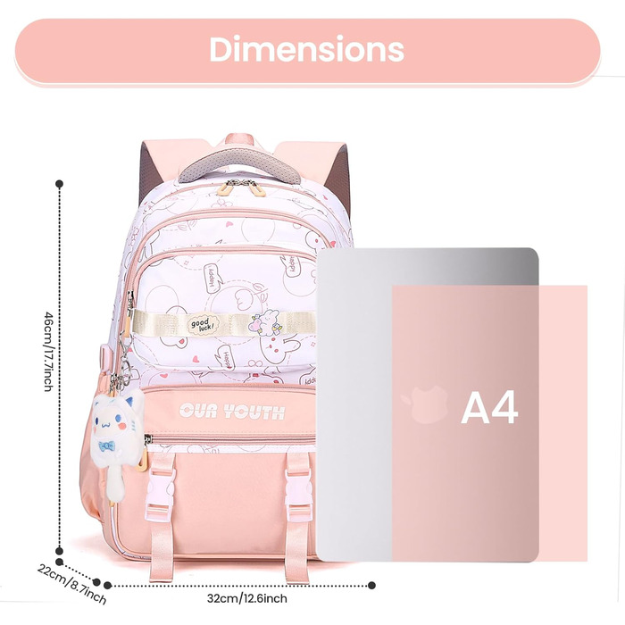 Дитячий рюкзак IvyH для дівчаток: водонепроникний, велика місткість, 2-6 клас, школа, гімназія, університет (рожевий)